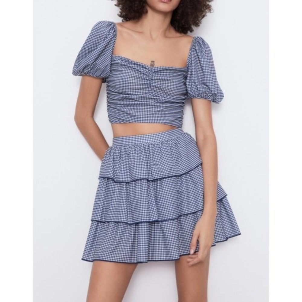 Zara Blue Gingham Ruffled Tiered Puff Sleeve Top and Mini Skirt Set S/M